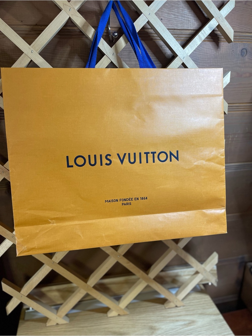 Louis Vuitton Burnt Orange Shopping Bag with Blue Handles/15”T x 19”W 4.75” Bttn